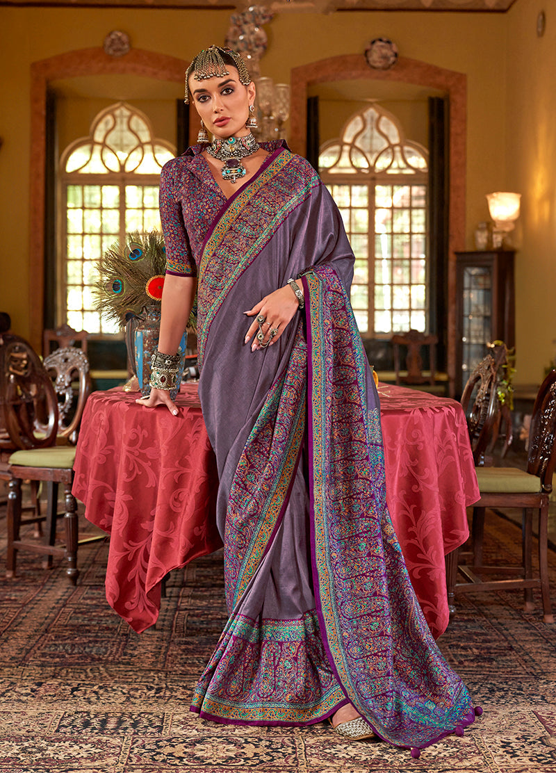 Monjolika Fashion Silk Blend Lilac Printed Contemporary Saree