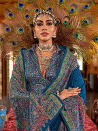 Monjolika Fashion Silk Blend Blue Printed Contemporary Saree