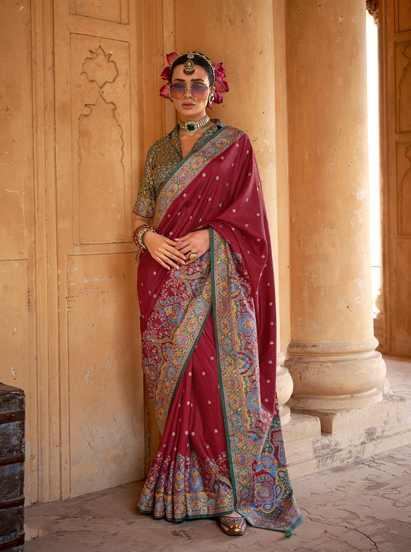 Monjolika Fashion Silk Blend Printed Burgundy Classic Saree