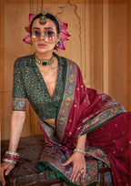 Monjolika Fashion Silk Blend Printed Burgundy Classic Saree