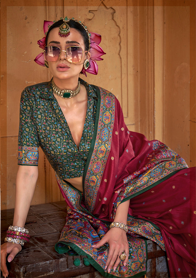 Monjolika Fashion Silk Blend Printed Burgundy Classic Saree