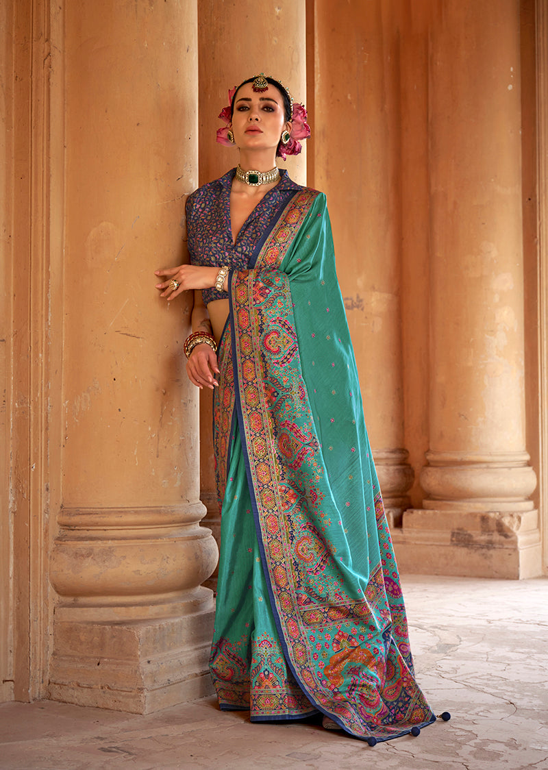 Monjolika Fashion Silk Blend Printed Turquoise Classic Saree