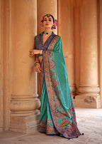 Monjolika Fashion Silk Blend Printed Turquoise Classic Saree