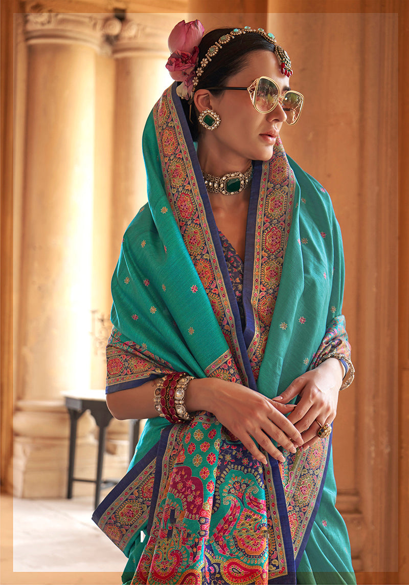 Monjolika Fashion Silk Blend Printed Turquoise Classic Saree