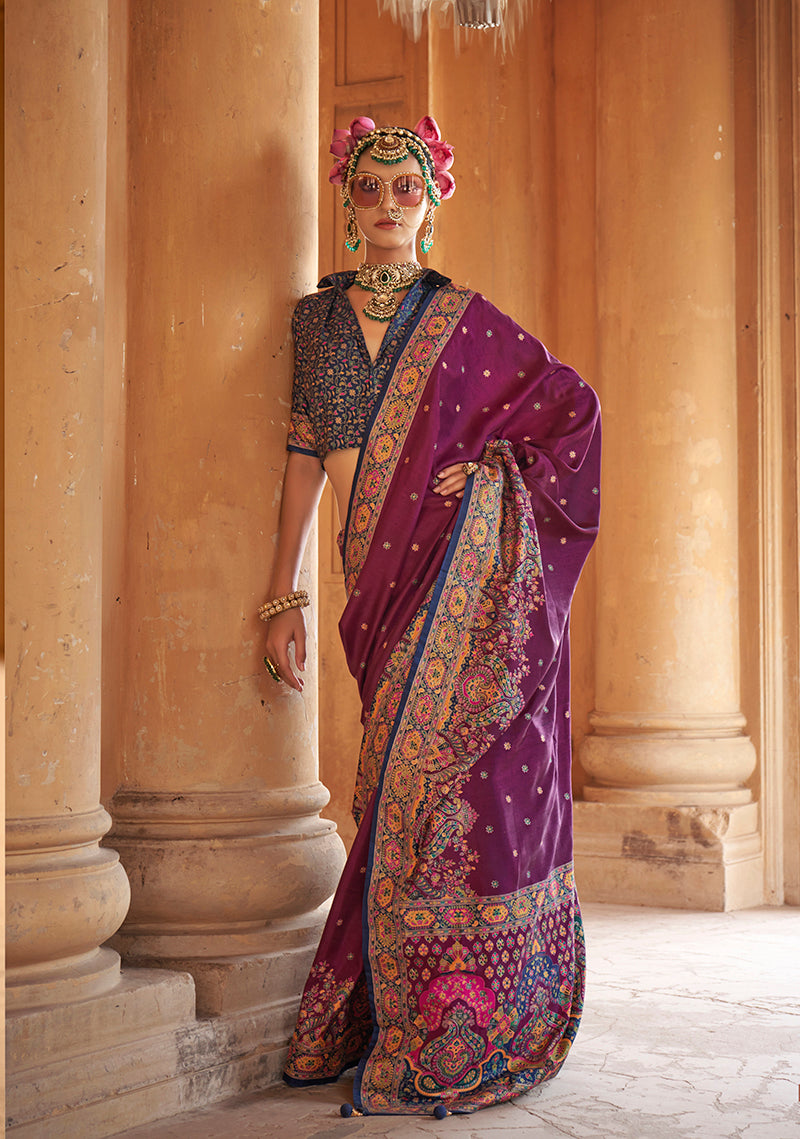 Monjolika Fashion Silk Blend Printed Dark Magenta Classic Saree
