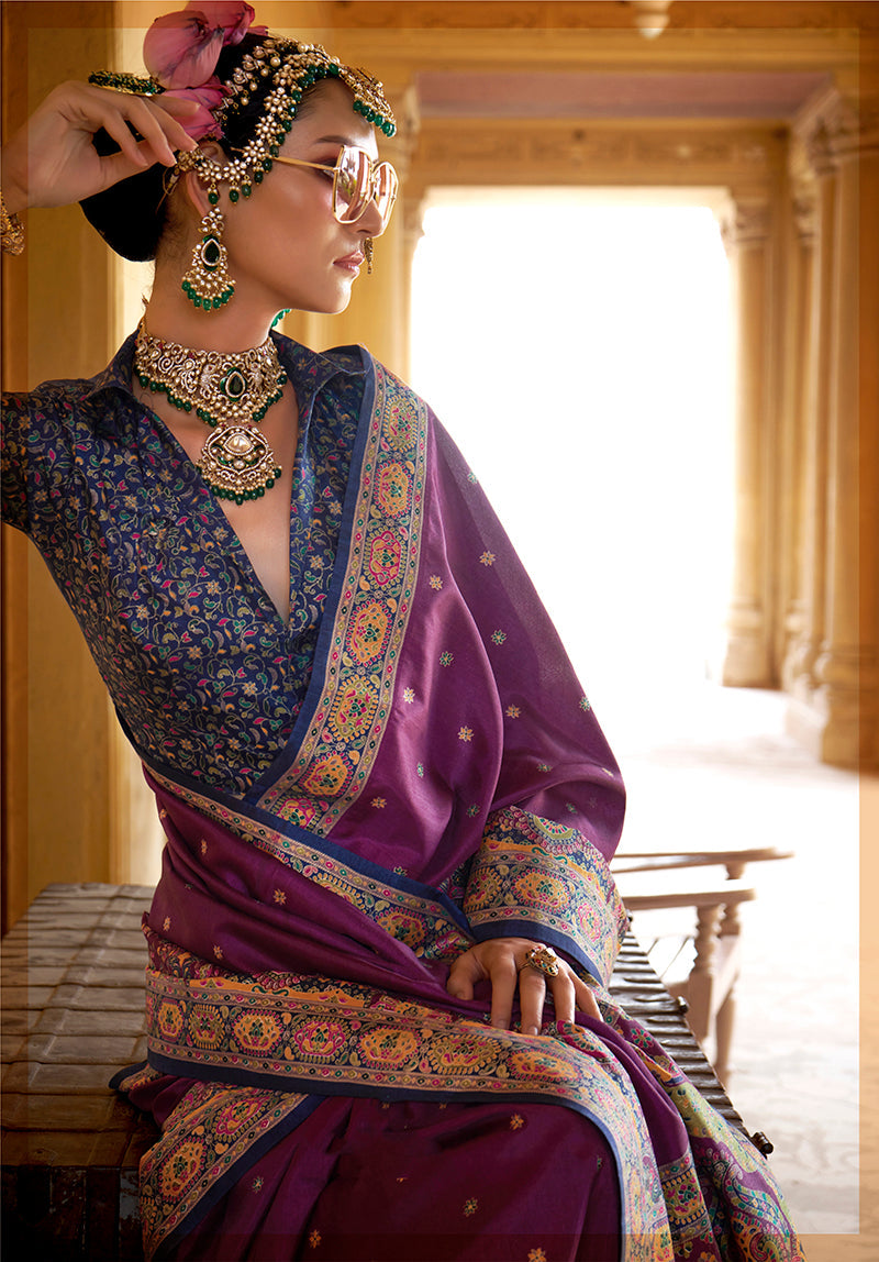 Monjolika Fashion Silk Blend Printed Dark Magenta Classic Saree