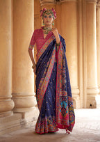 Monjolika Fashion Silk Blend Printed Navy Blue Classic Saree
