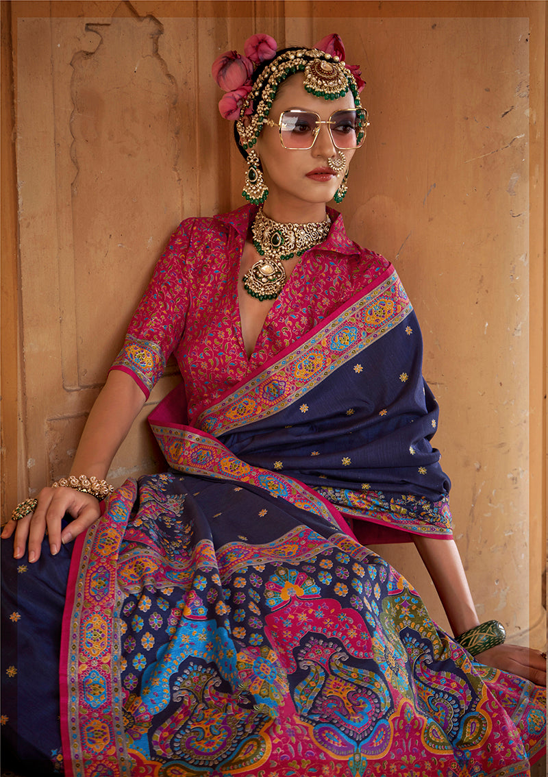 Monjolika Fashion Silk Blend Printed Navy Blue Classic Saree