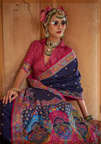 Monjolika Fashion Silk Blend Printed Navy Blue Classic Saree