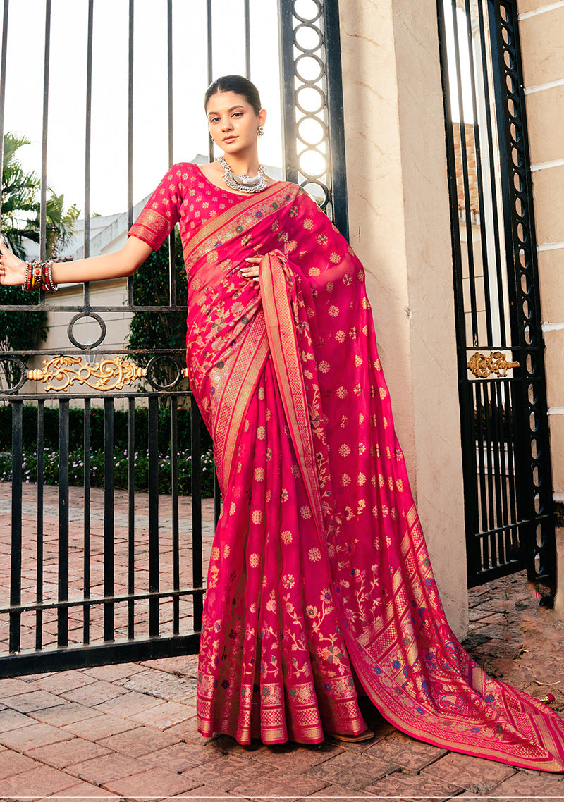 Monjolika Fashion Rani Pink Poly Viscose Georgette Meenakari Jaal Banarasi Saree