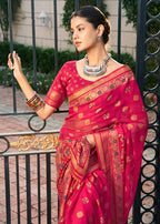 Monjolika Fashion Rani Pink Poly Viscose Georgette Meenakari Jaal Banarasi Saree