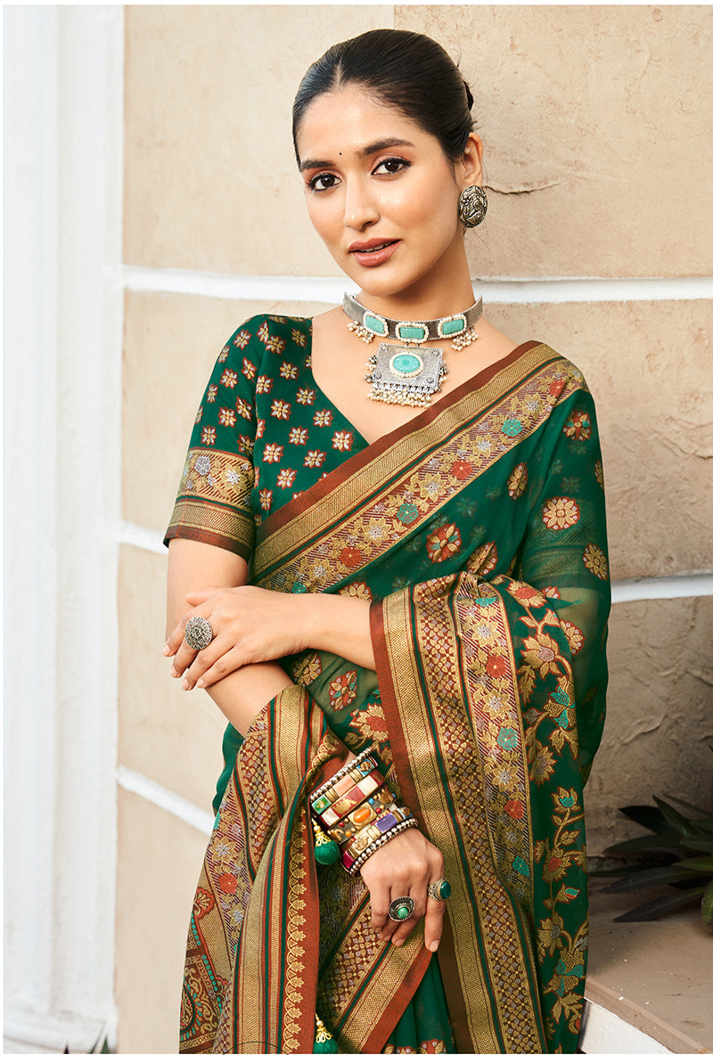 Monjolika Fashion Dark Green Poly Viscose Georgette Meenakari Jaal Banarasi Saree