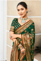 Monjolika Fashion Dark Green Poly Viscose Georgette Meenakari Jaal Banarasi Saree