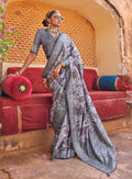Monjolika Fashion Light Lavender And Grey Floral Print Silk Blend Saree