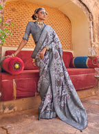 Monjolika Fashion Light Lavender And Grey Floral Print Silk Blend Saree