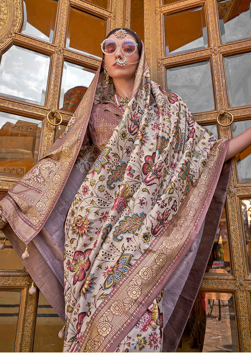 Monjolika Fashion Cream Floral Print Silk Blend Saree