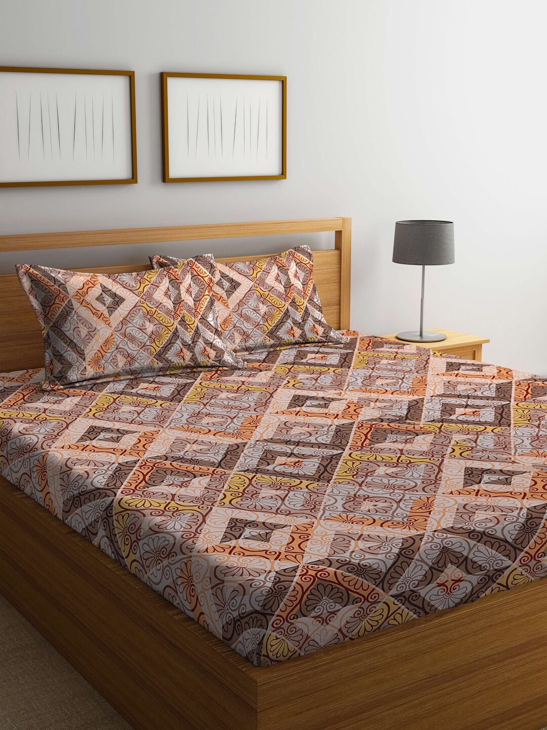 BOMBAY DYEING Epigram Brown & Yellow Ethnic Cotton 120 TC Queen Bedsheet & Pillow Covers
