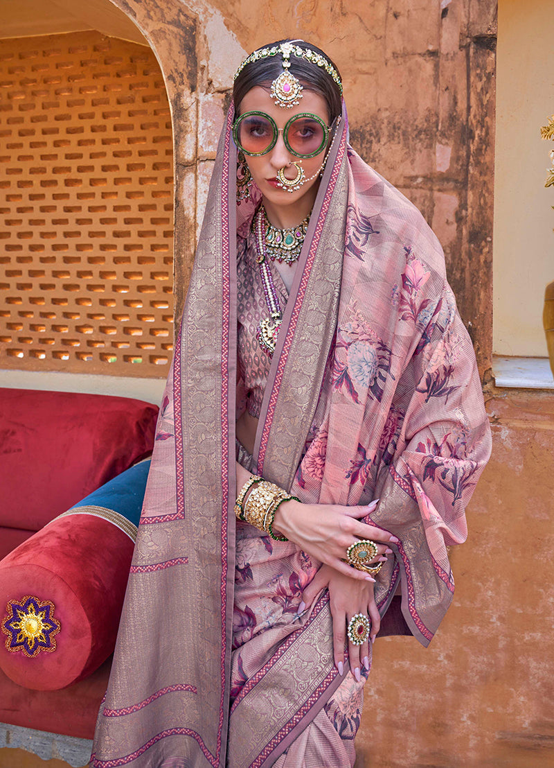 Monjolika Fashion Pink Floral Print Silk Blend Saree