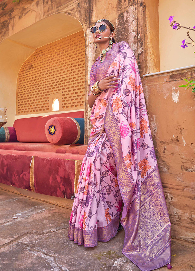 Monjolika Fashion Pink Floral Print Silk Blend Saree