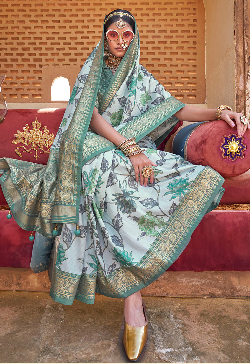 Monjolika Fashion Irish Mint Floral Print Silk Blend Saree