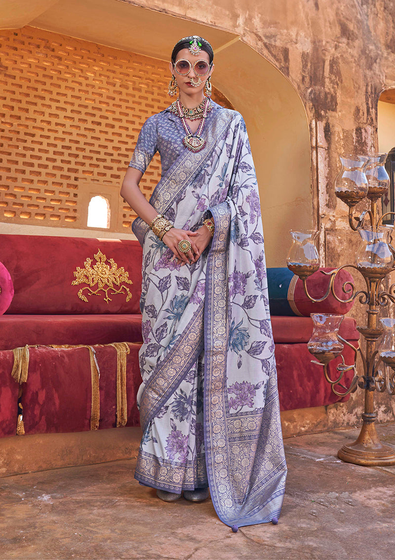 Monjolika Fashion Light Lavender Floral Print Silk Blend Saree