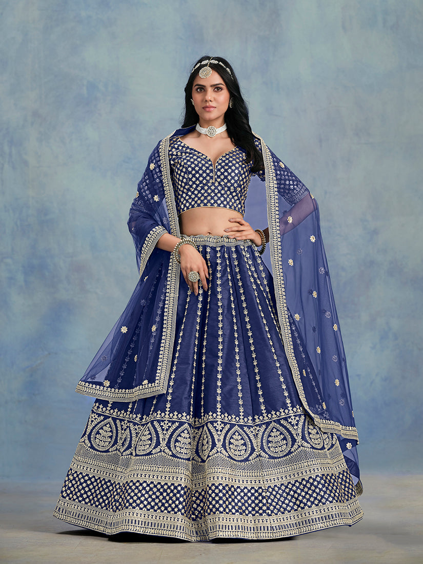 Monjolika Fashion Art Silk Embroidered Blue Designer Lehenga Choli