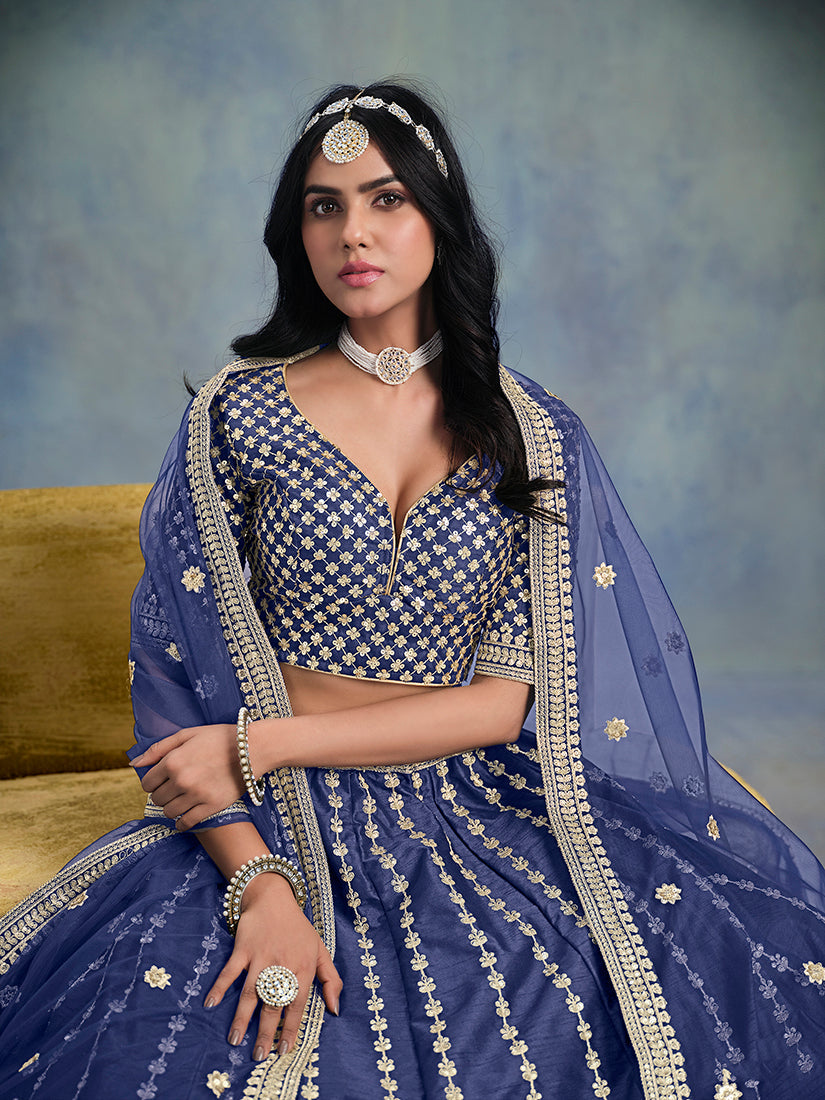 Monjolika Fashion Art Silk Embroidered Blue Designer Lehenga Choli