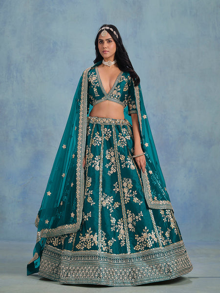 Monjolika Fashion Rama Green Art Silk Designer Wedding Lehenga Choli