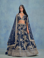 Monjolika Fashion Navy Blue Art Silk Designer Wedding Lehenga Choli