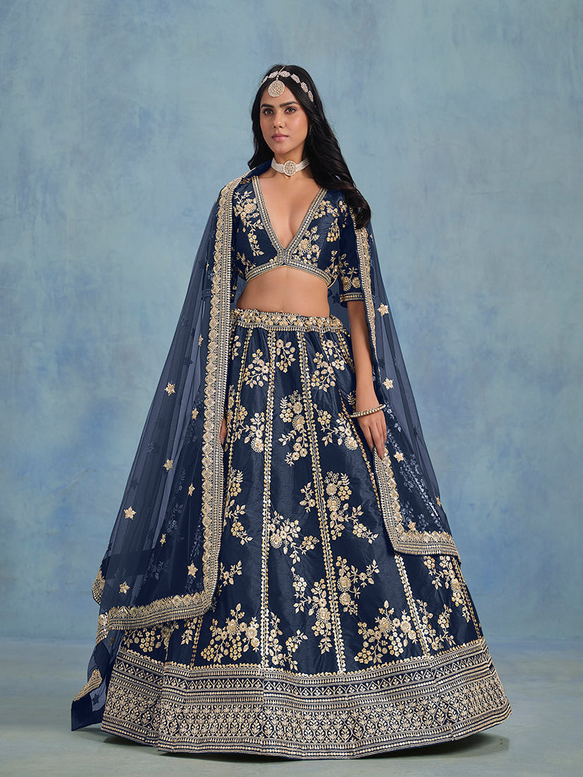 Monjolika Fashion Navy Blue Art Silk Designer Wedding Lehenga Choli