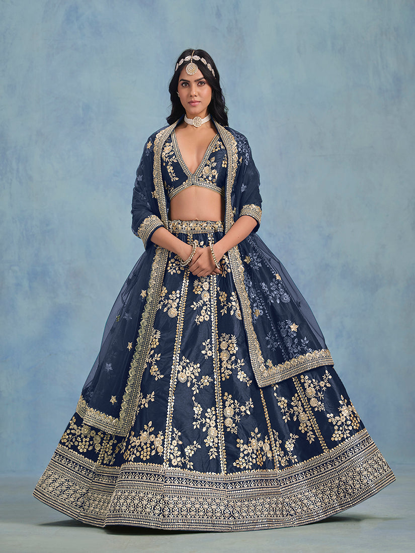 Monjolika Fashion Navy Blue Art Silk Designer Wedding Lehenga Choli
