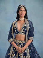Monjolika Fashion Navy Blue Art Silk Designer Wedding Lehenga Choli