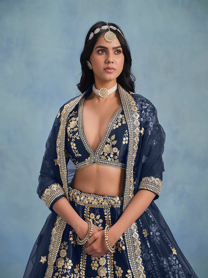 Monjolika Fashion Navy Blue Art Silk Designer Wedding Lehenga Choli