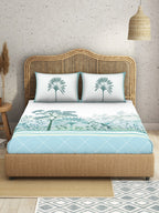 SPACES Kalakari Haath Teal Green Print Pure Cotton 210 TC King Bedsheet & 2 Pillow Covers