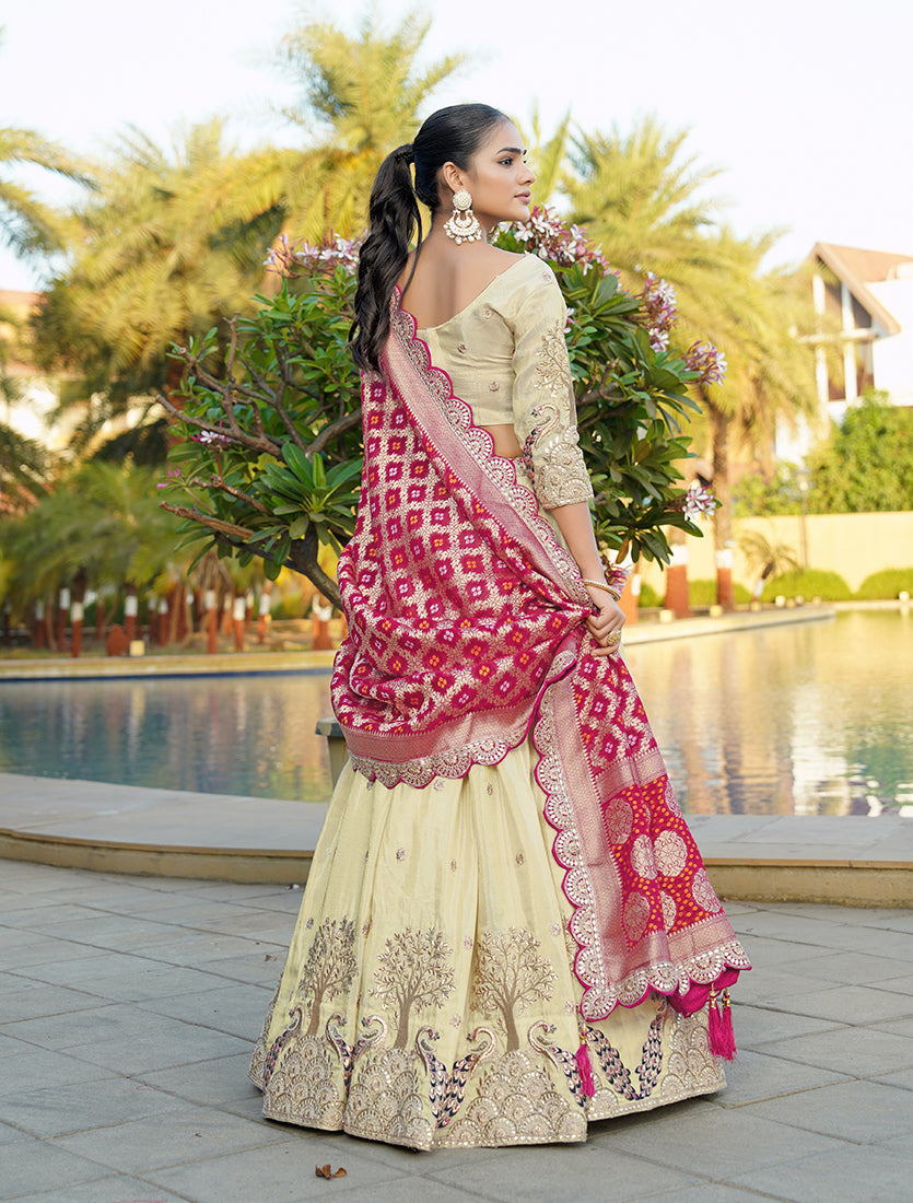 Monjolika Fashion Embroidered Work Viscose Trendy Lehenga Choli in Cream for Festival