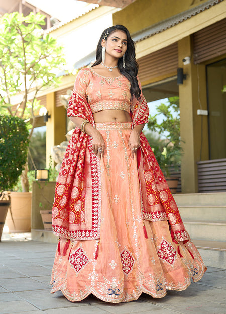Monjolika Fashion Embroidered Work Viscose Trendy Lehenga Choli in Peach for Festival