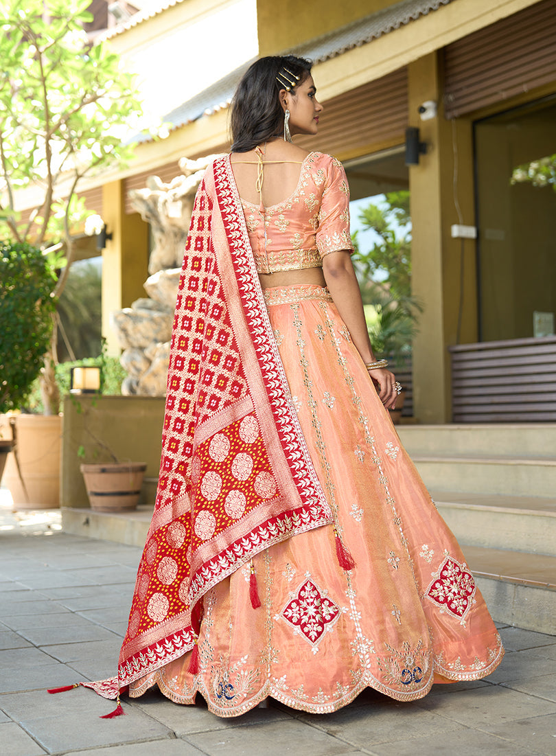 Monjolika Fashion Embroidered Work Viscose Trendy Lehenga Choli in Peach for Festival