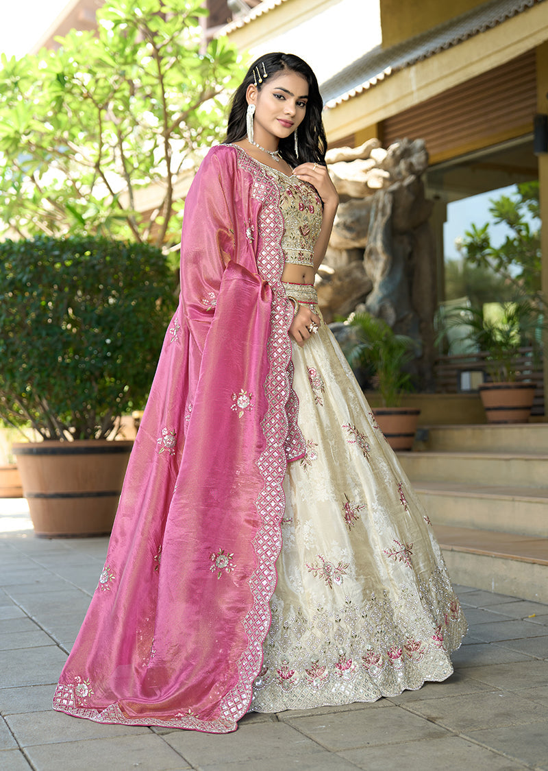 Monjolika Fashion Off White Embroidered Jacquard Lehenga Choli