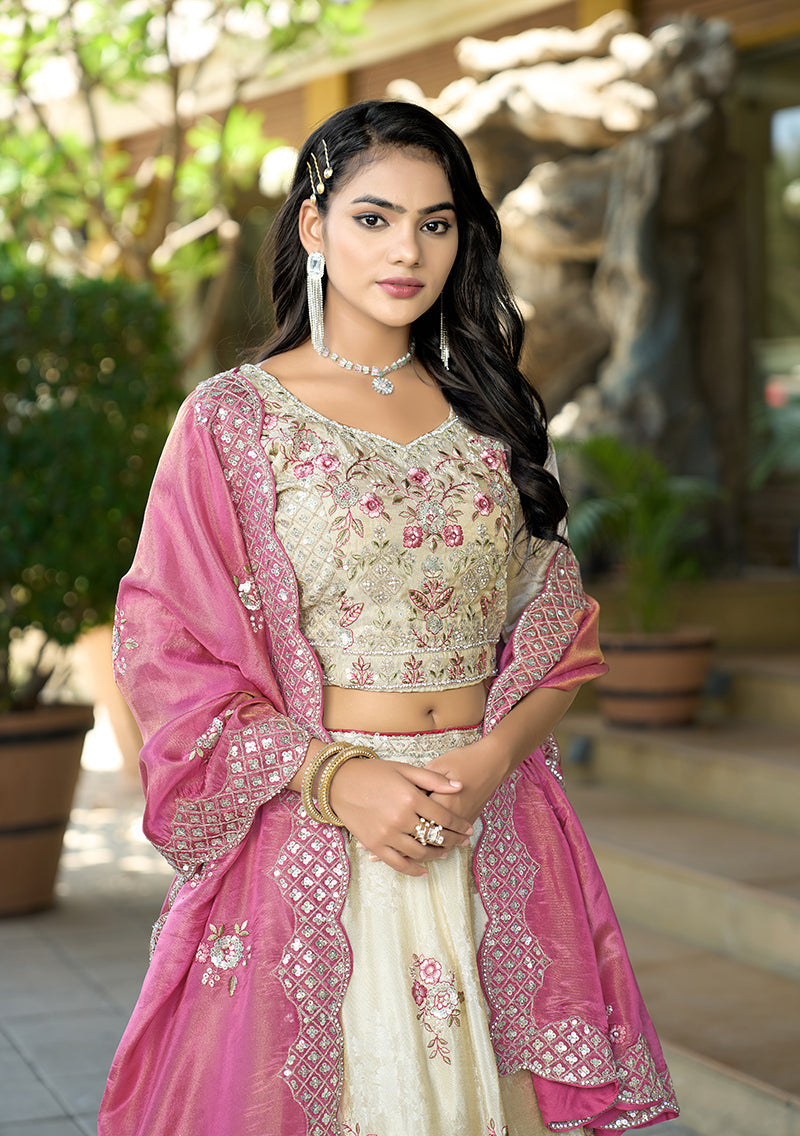 Monjolika Fashion Off White Embroidered Jacquard Lehenga Choli