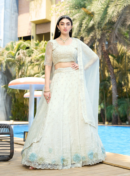 Monjolika Fashion White Embellished Lehenga Choli In Organza