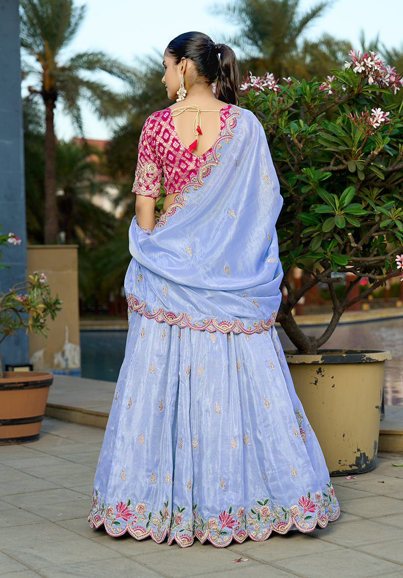 Monjolika Fashion Sky Blue Embroidered Viscose Lehenga Choli