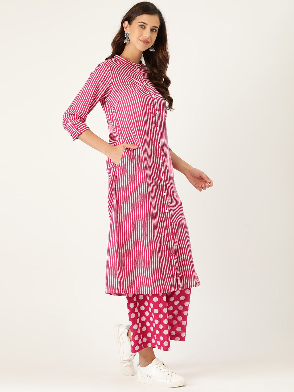Sangria Women Pink Striped Pure Cotton Kurta with Palazzos