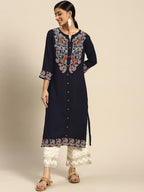 Sangria Women Navy Blue Ethnic Motifs Embroidered Kurta with Palazzos