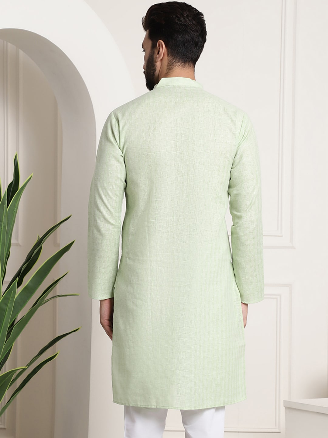 Sojanya Men Green Dobby Checked Straight Kurta