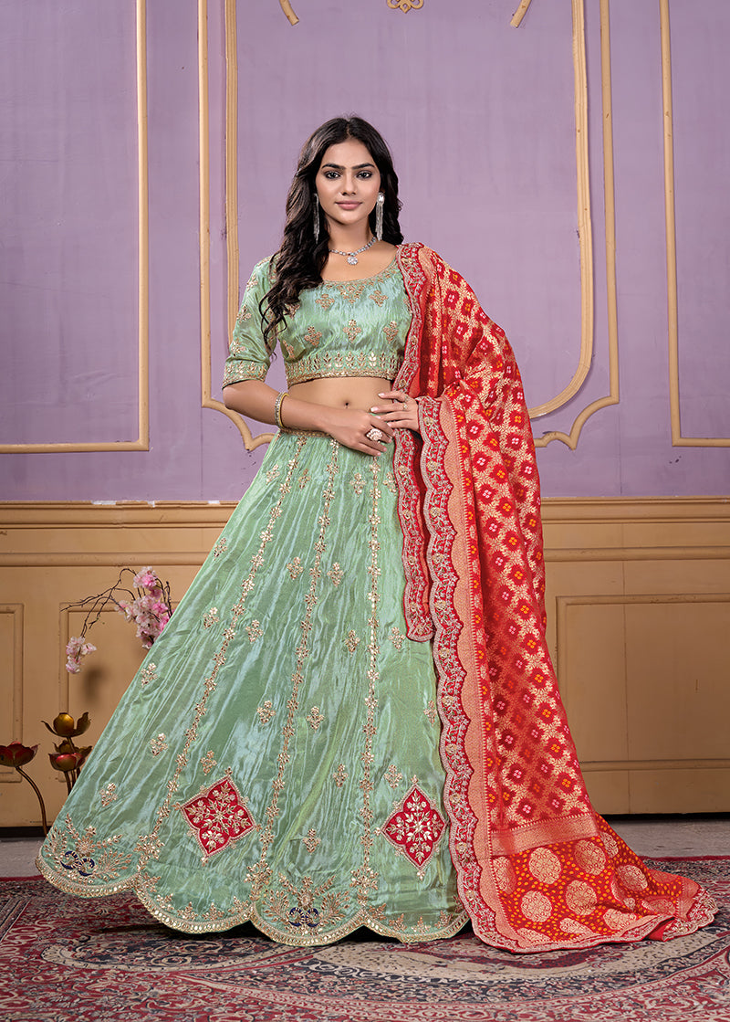 Monjolika Fashion Viscose Pista Green Embroidered Reception Lehenga Choli