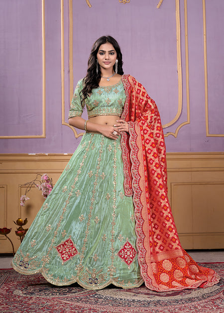 Monjolika Fashion Viscose Pista Green Embroidered Reception Lehenga Choli