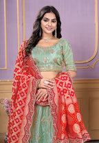 Monjolika Fashion Viscose Pista Green Embroidered Reception Lehenga Choli