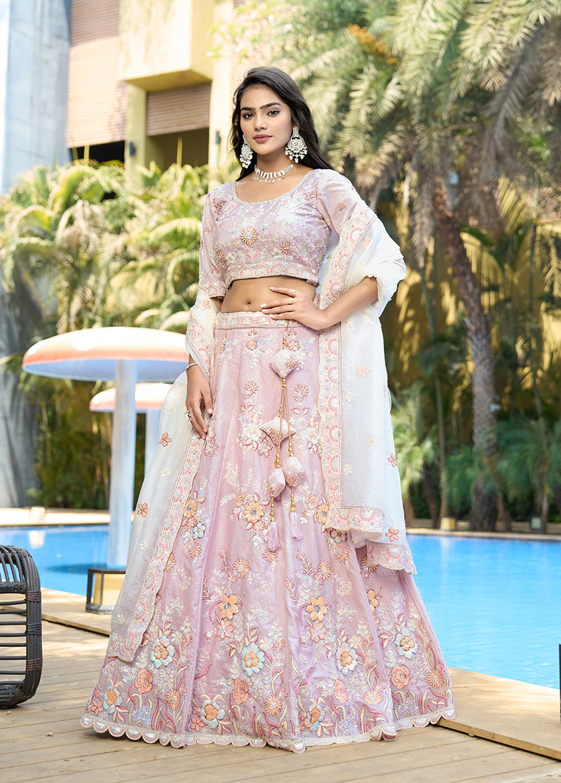 Monjolika Fashion Silk Embroidered Light Pink Designer Lehenga Choli