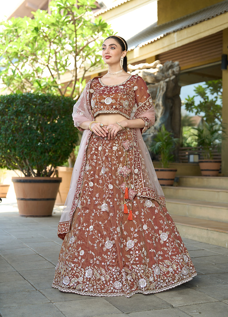 Monjolika Fashion Brown Tissue Embellished Lehenga Choli