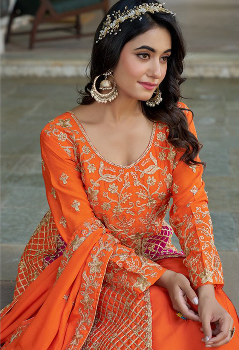 Monjolika Fashion Orange And Pink Embroidered Anarkali Gown - Distacart